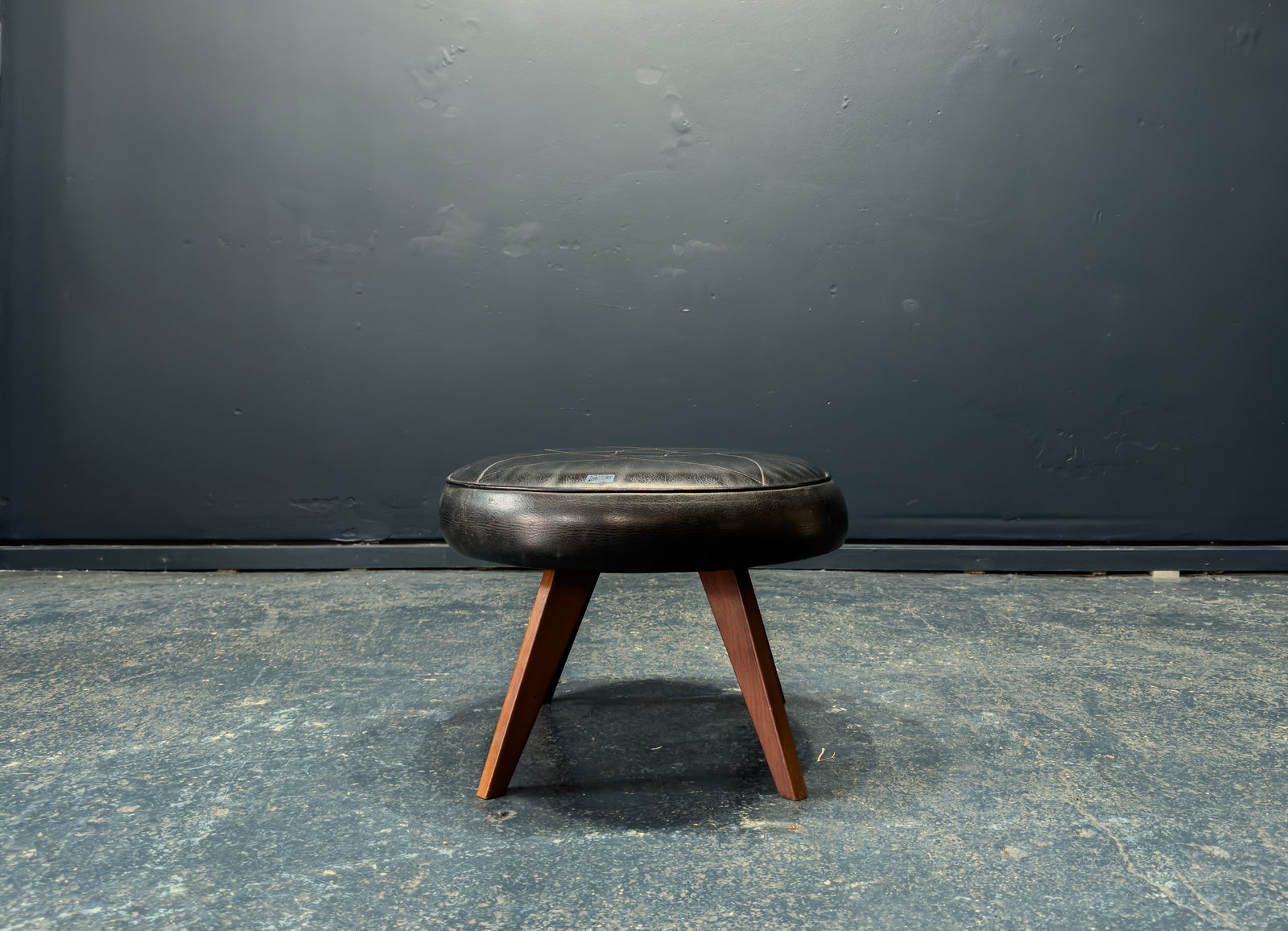 Black Leather and Teak Stool