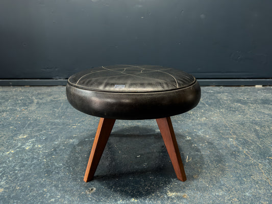 Black Leather and Teak Stool