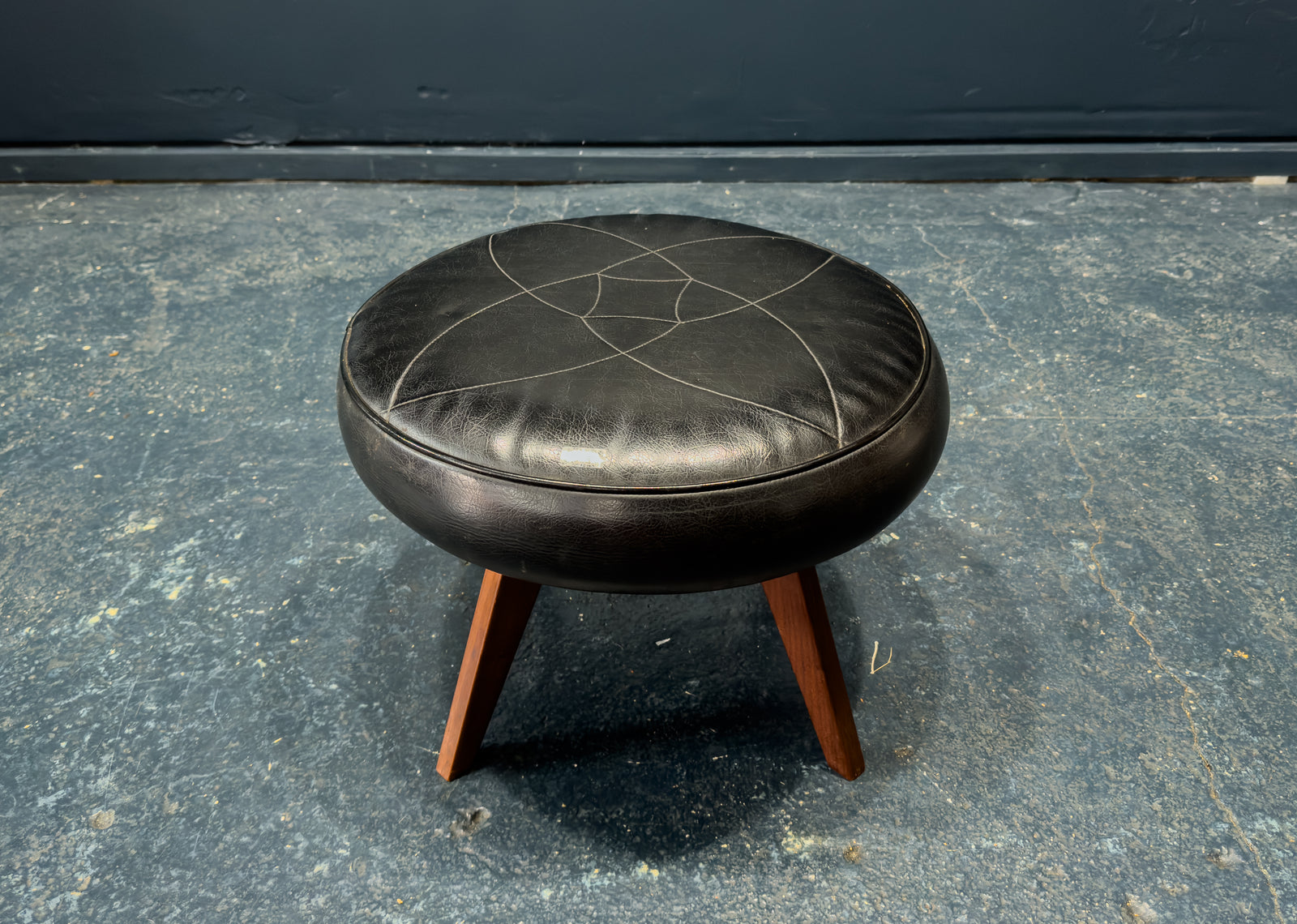 Black Leather and Teak Stool