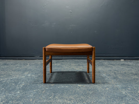 Teak and Tan Leather Stool