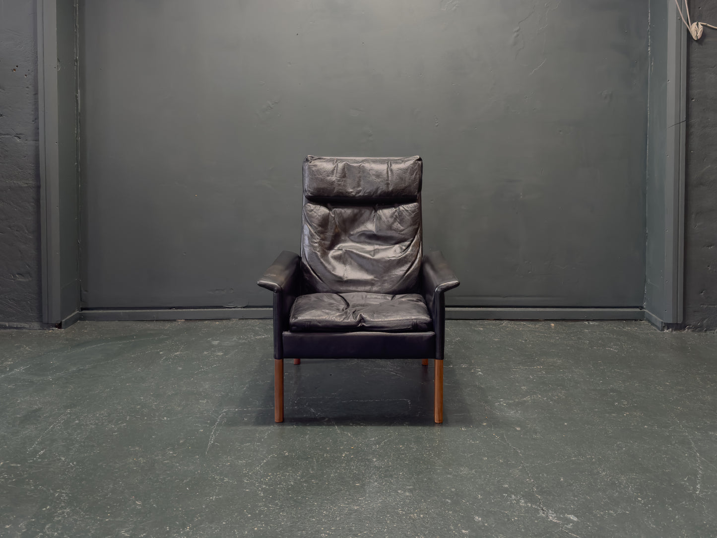 Hans Olsen Black Leather High Back Armchair