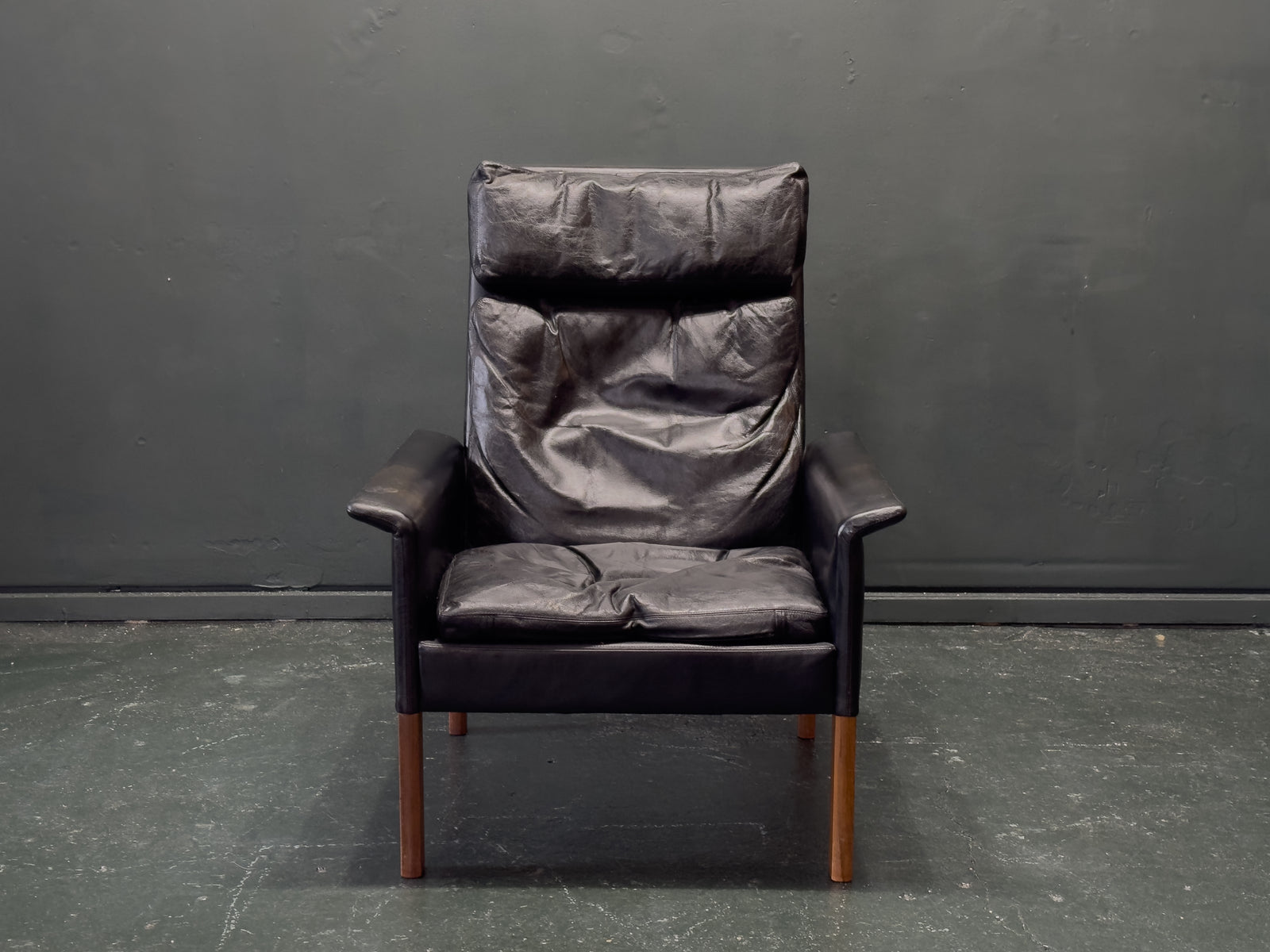 Hans Olsen Black Leather High Back Armchair