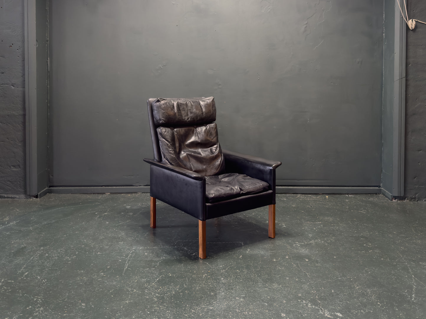 Hans Olsen Black Leather High Back Armchair