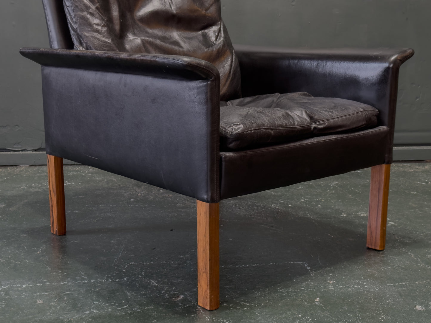 Hans Olsen Black Leather High Back Armchair