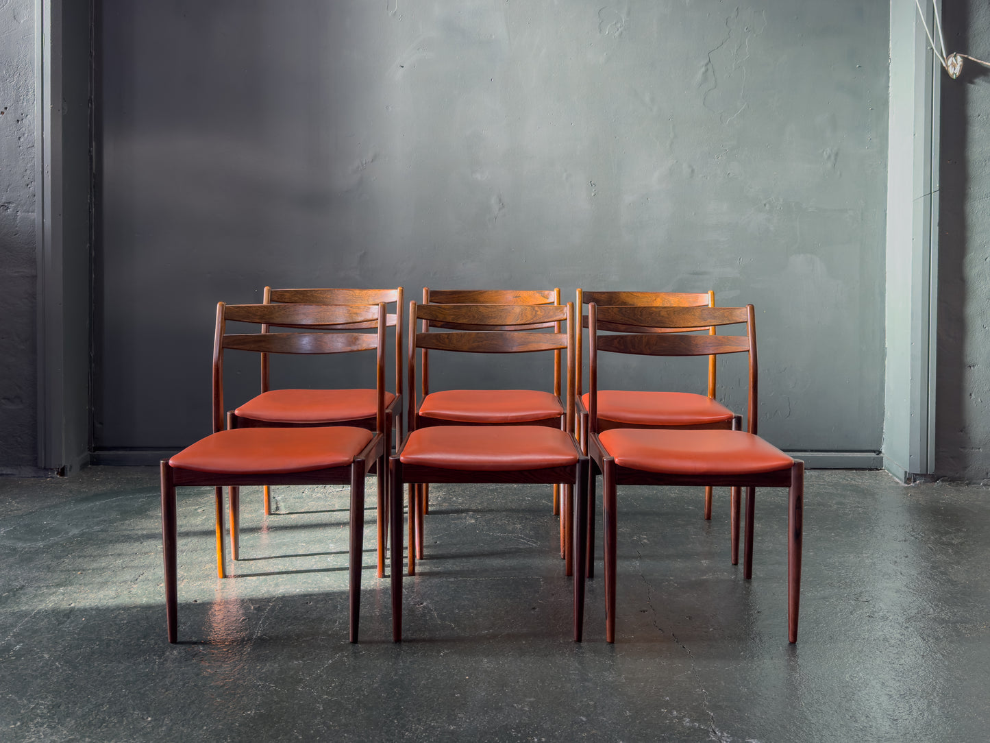 Set of 6 Rosewood Dining Chairs with Red Leather Seat