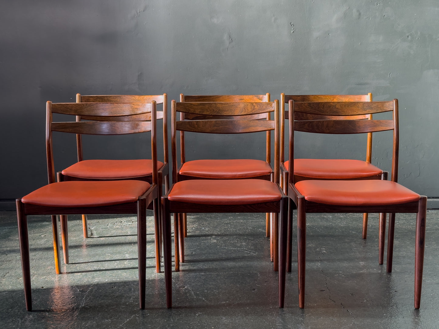 Set of 6 Rosewood Dining Chairs with Red Leather Seat