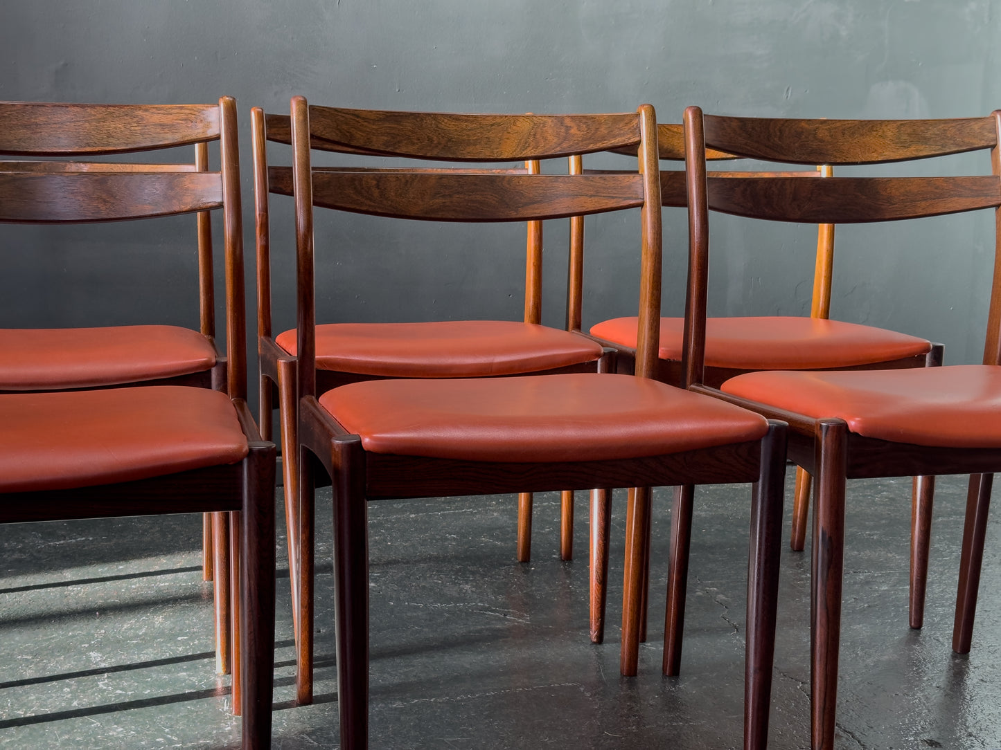 Set of 6 Rosewood Dining Chairs with Red Leather Seat