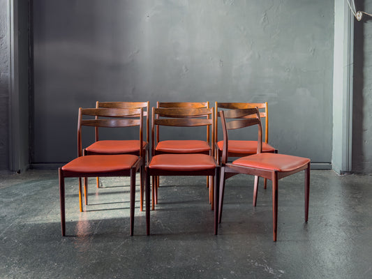 Set of 6 Rosewood Dining Chairs with Red Leather Seat