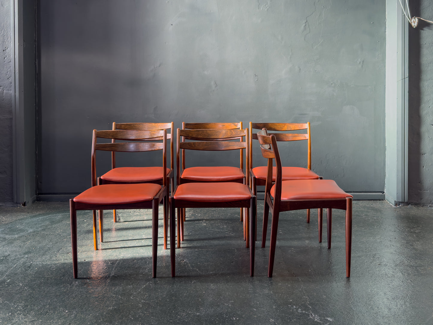 Set of 6 Rosewood Dining Chairs with Red Leather Seat