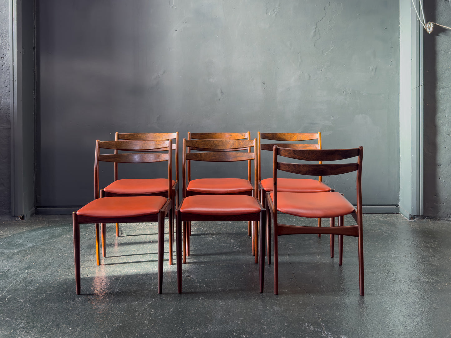 Set of 6 Rosewood Dining Chairs with Red Leather Seat