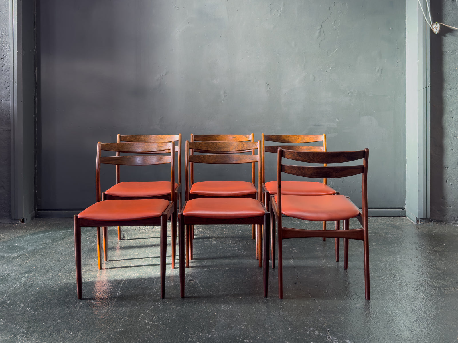 Set of 6 Rosewood Dining Chairs with Red Leather Seat