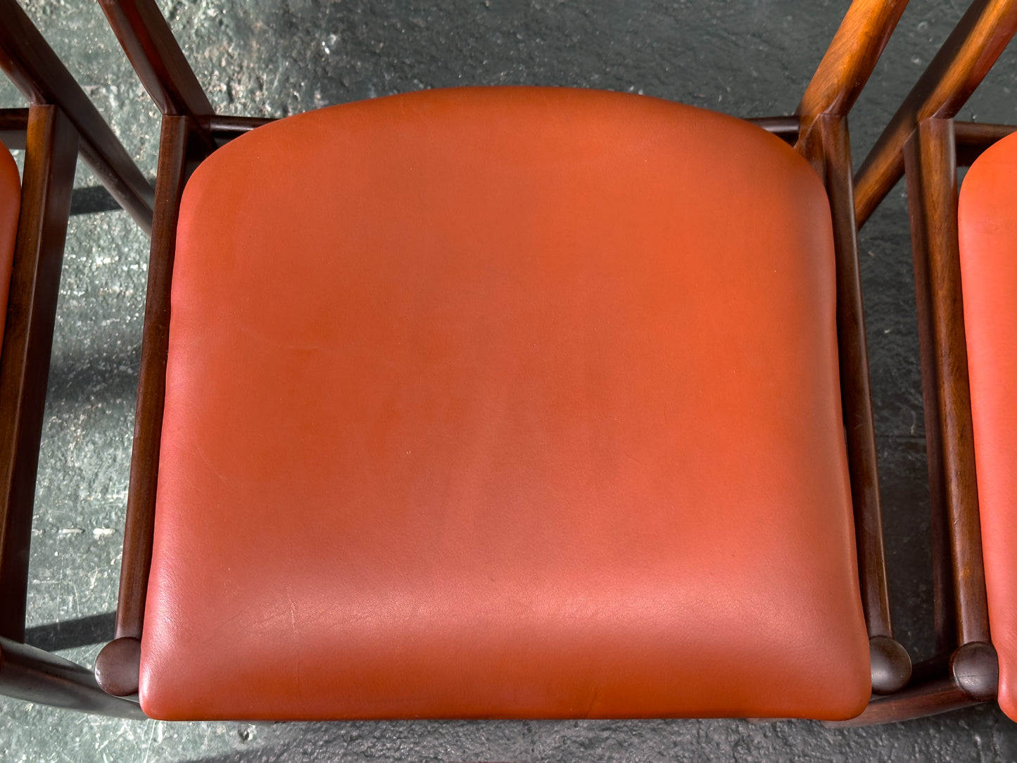 Set of 6 Rosewood Dining Chairs with Red Leather Seat