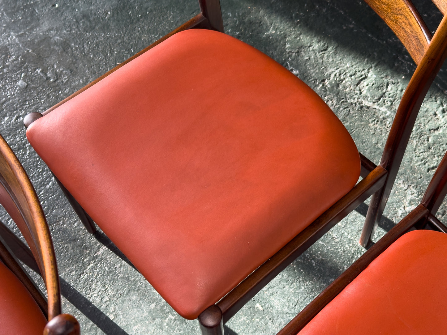 Set of 6 Rosewood Dining Chairs with Red Leather Seat