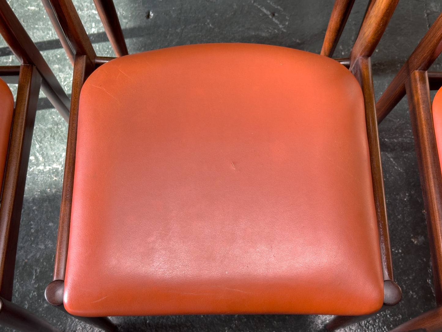 Set of 6 Rosewood Dining Chairs with Red Leather Seat