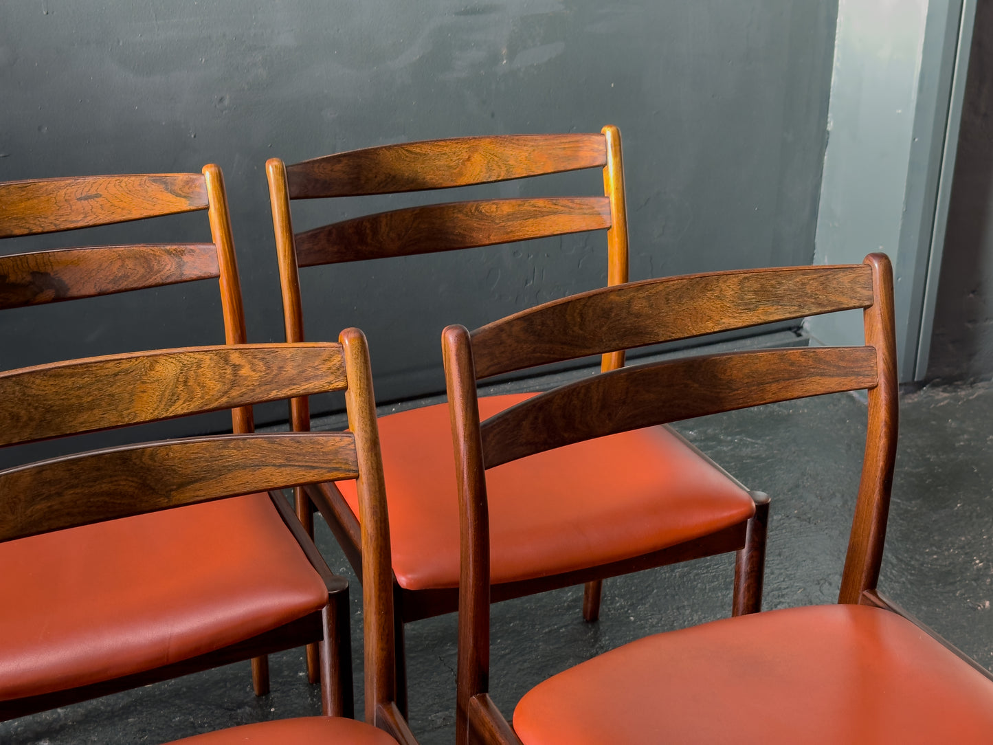 Set of 6 Rosewood Dining Chairs with Red Leather Seat