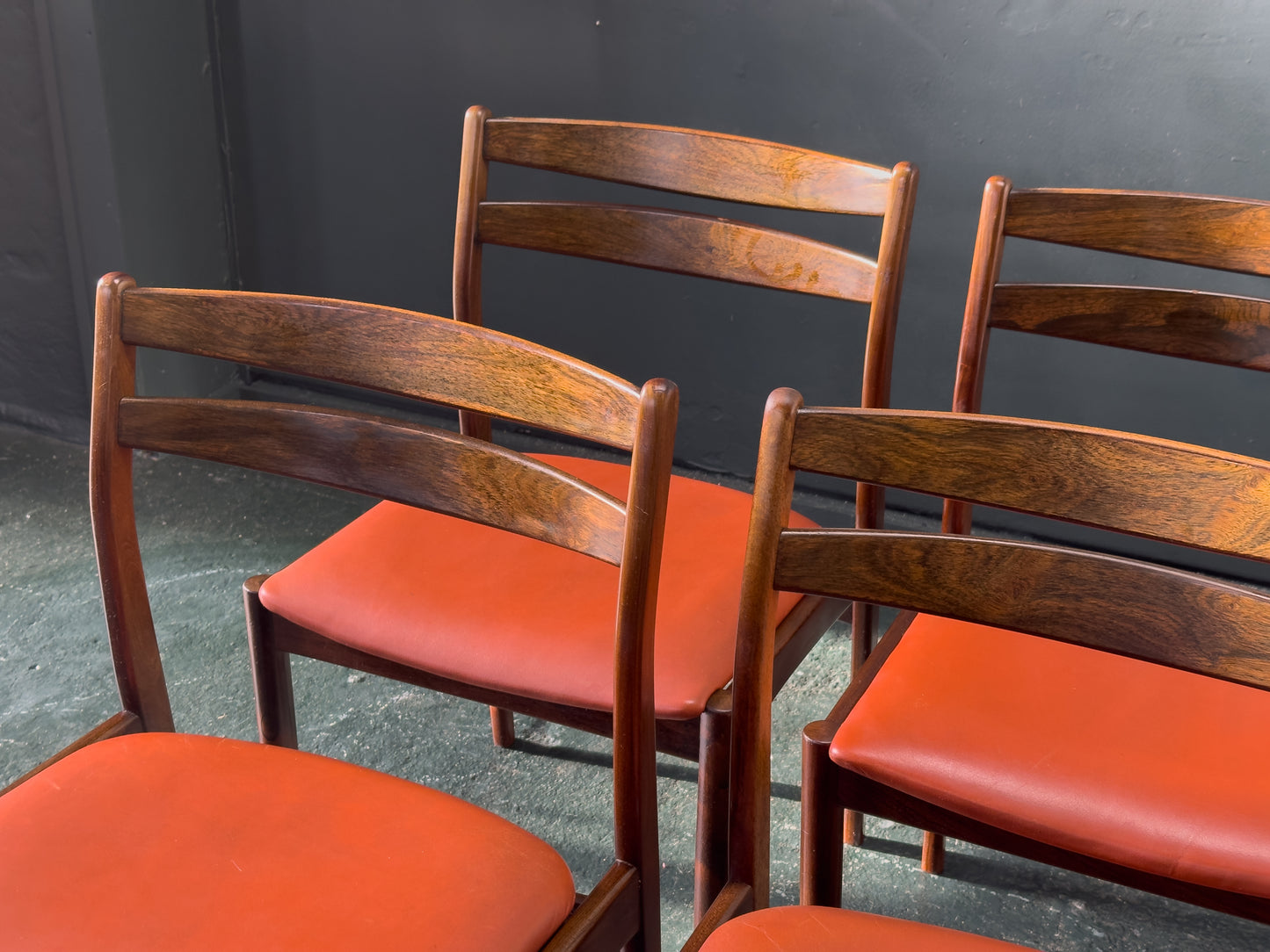 Set of 6 Rosewood Dining Chairs with Red Leather Seat
