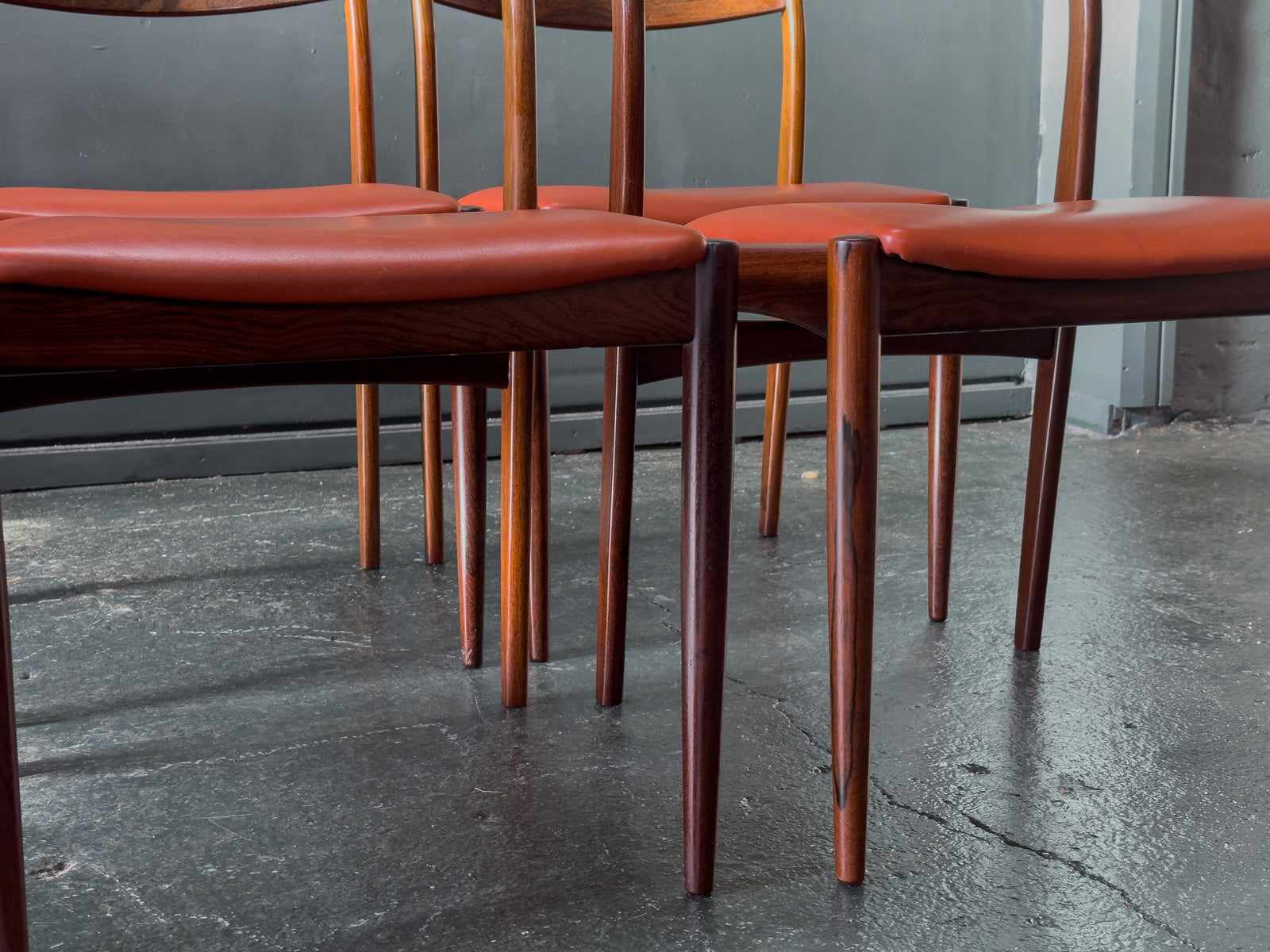 Set of 6 Rosewood Dining Chairs with Red Leather Seat