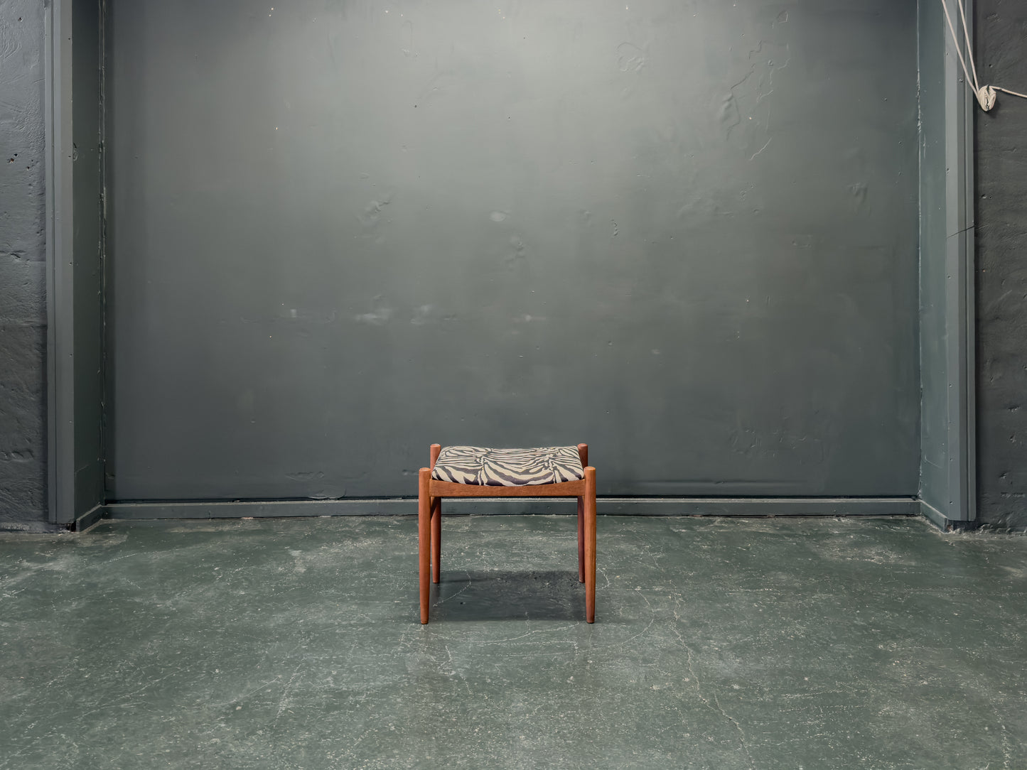 Teak and Zebra Print Upholstered Tall Stool