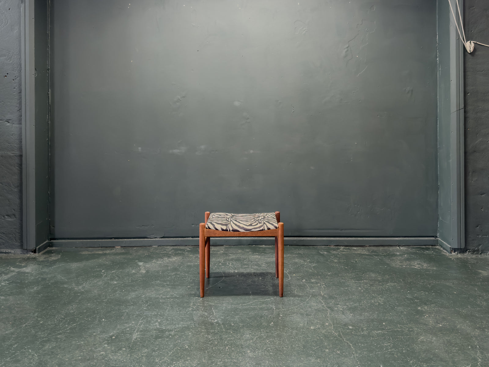 Teak and Zebra Print Upholstered Tall Stool