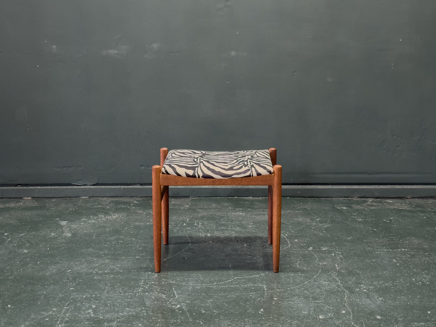 Teak and Zebra Print Upholstered Tall Stool