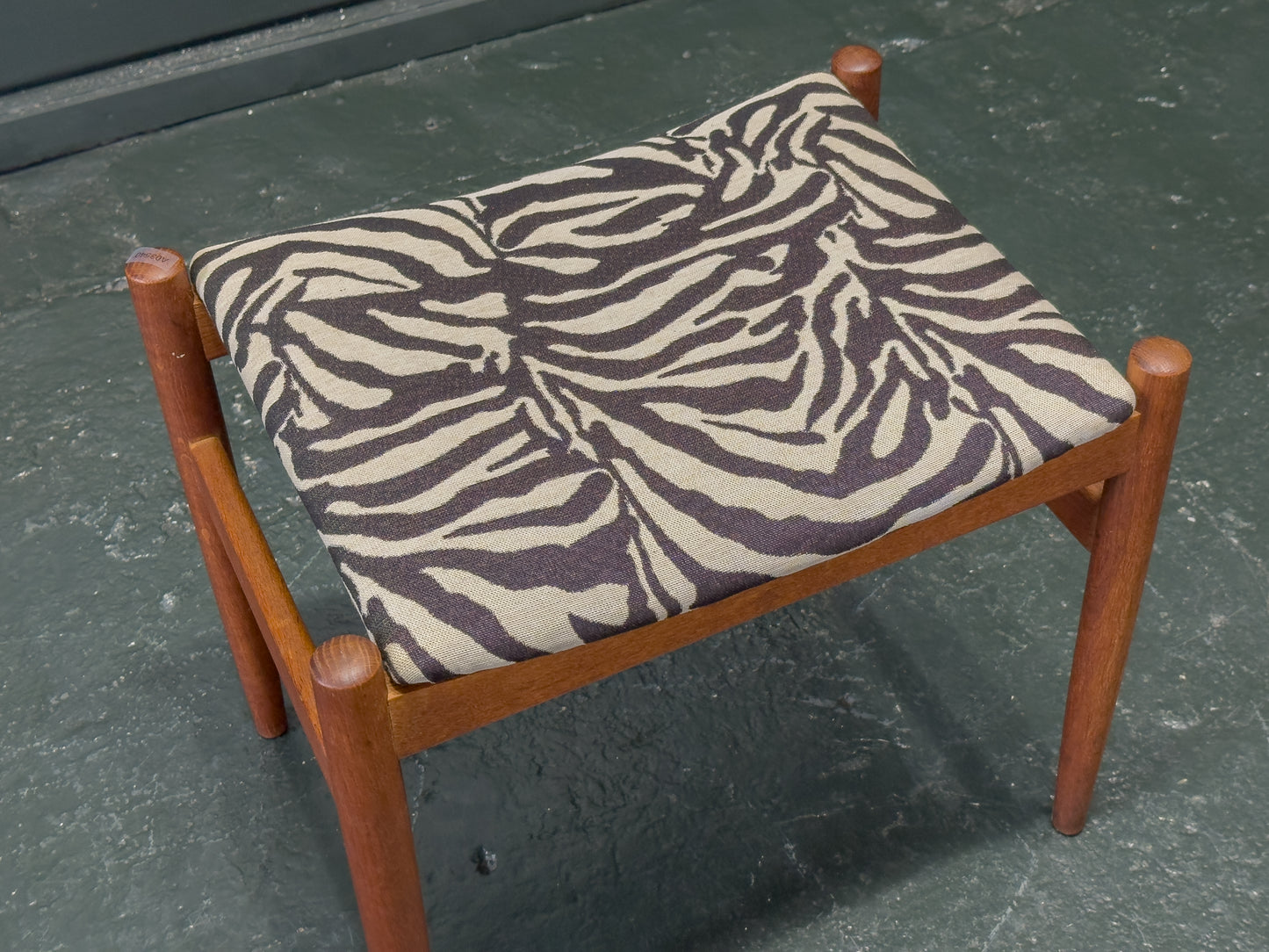 Teak and Zebra Print Upholstered Tall Stool