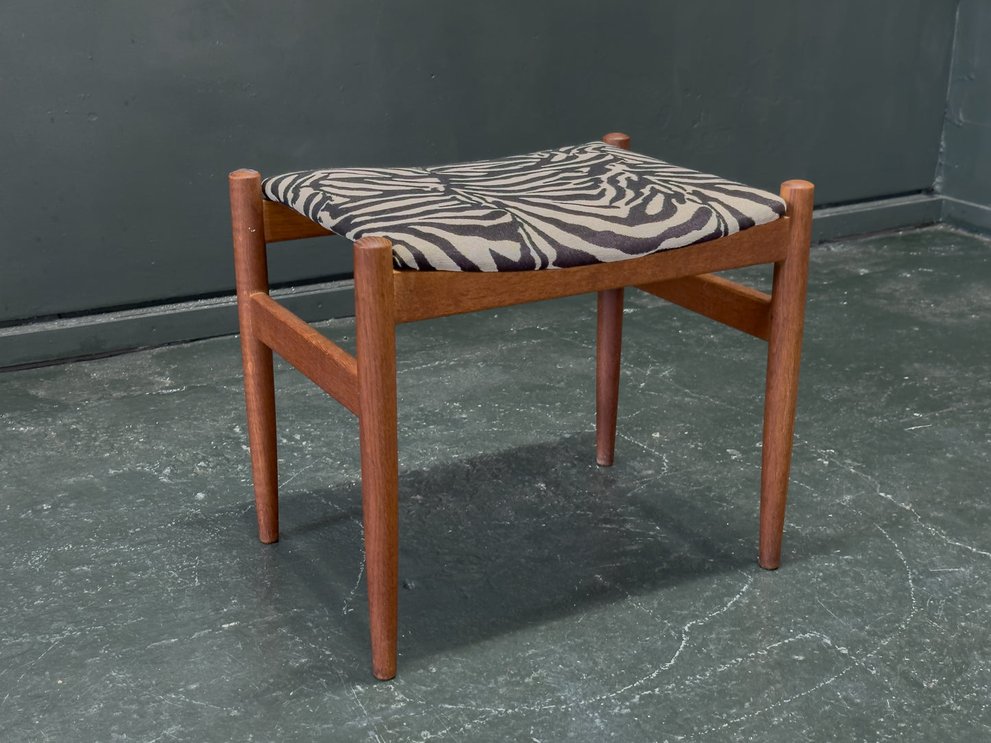Teak and Zebra Print Upholstered Tall Stool