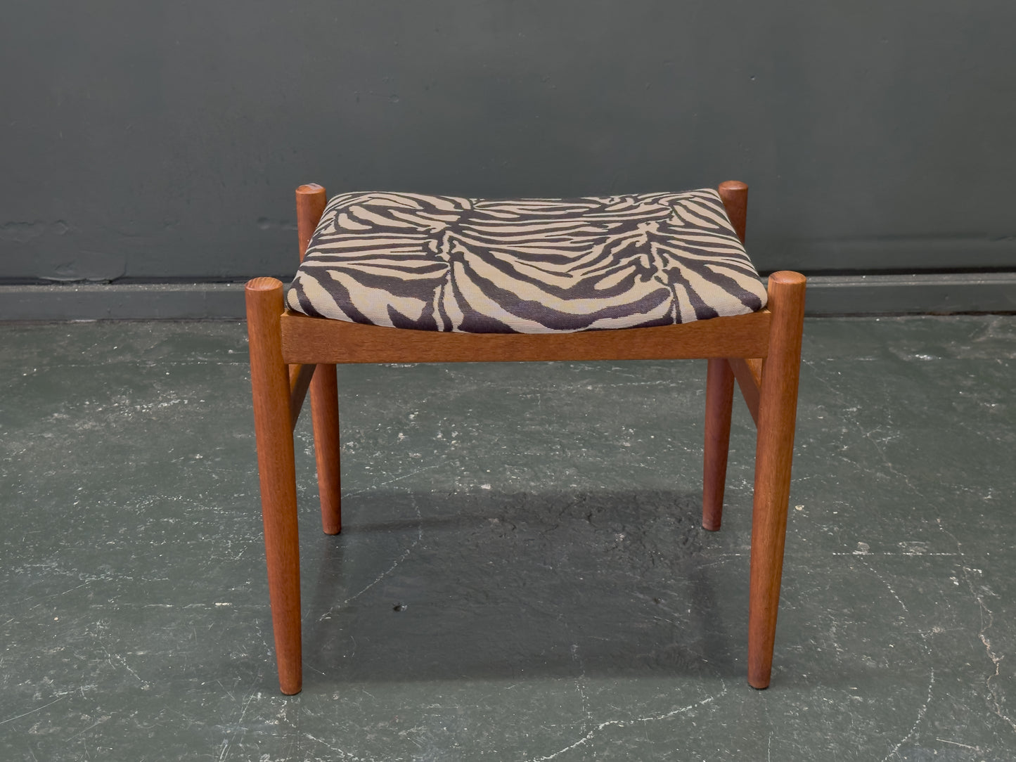 Teak and Zebra Print Upholstered Tall Stool