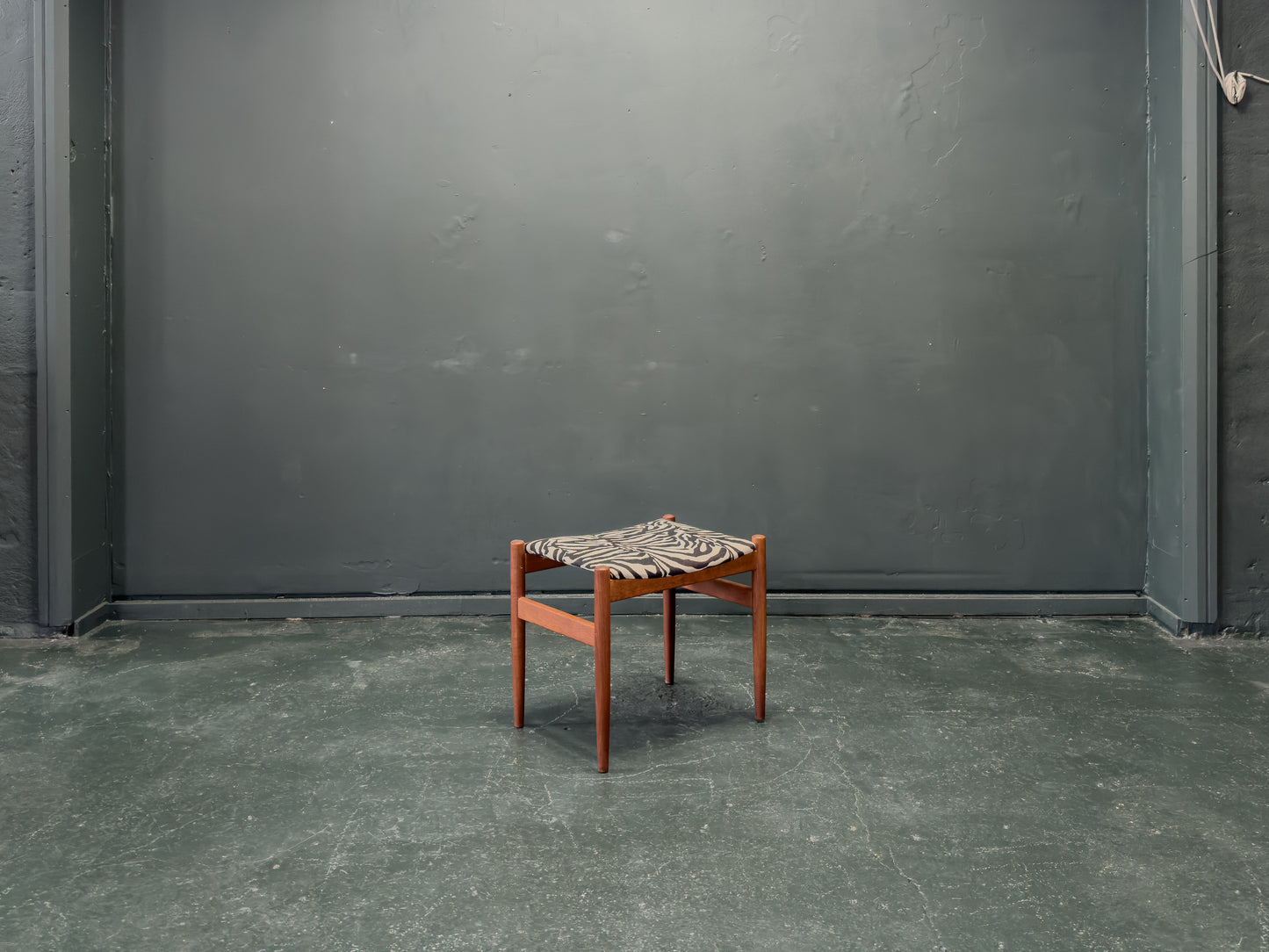 Teak and Zebra Print Upholstered Tall Stool