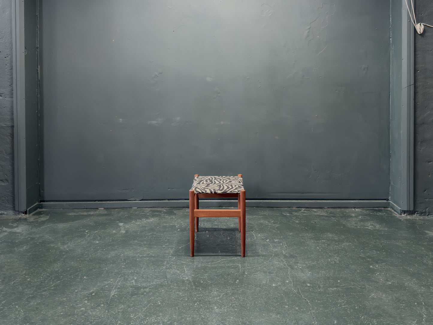 Teak and Zebra Print Upholstered Tall Stool