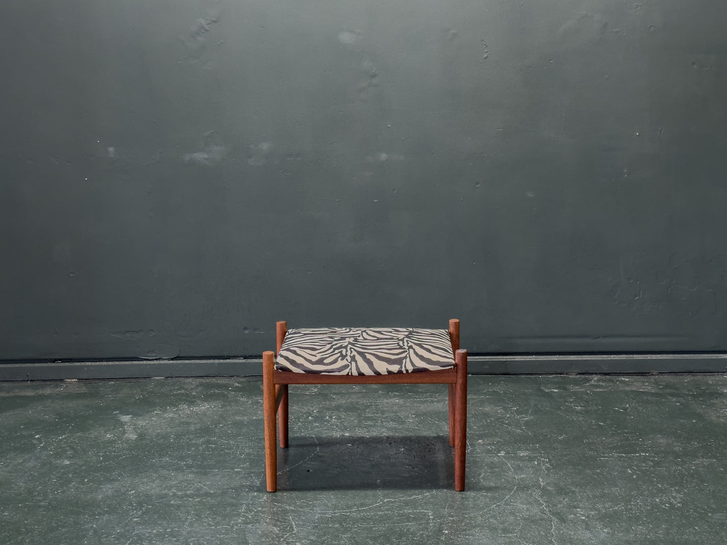 Teak and Zebra Print Upholstered Low Stool