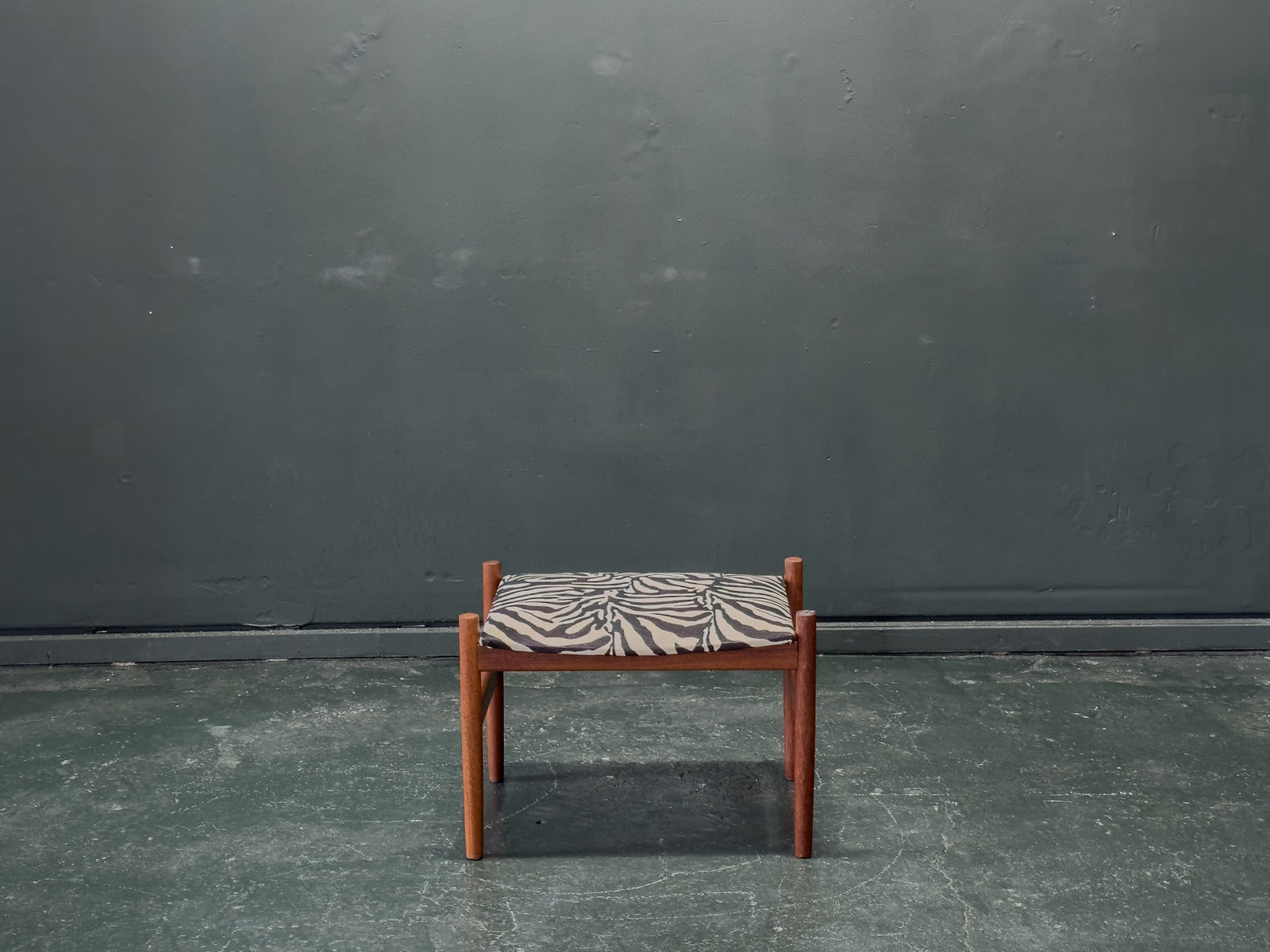 Teak and Zebra Print Upholstered Low Stool