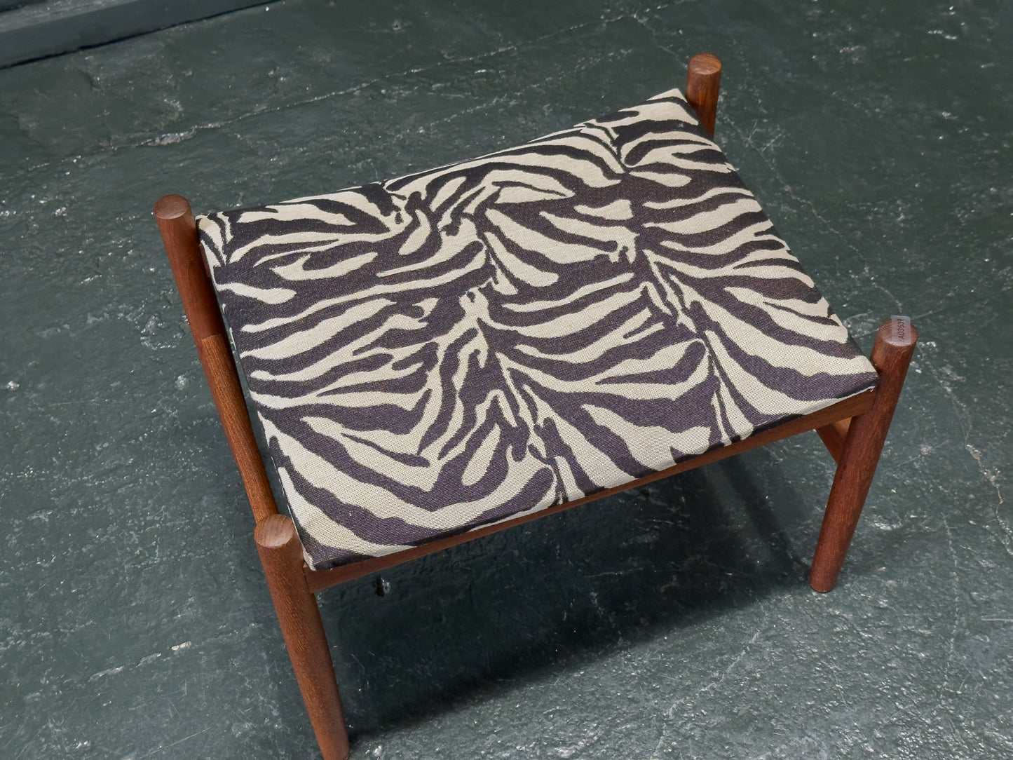 Teak and Zebra Print Upholstered Low Stool