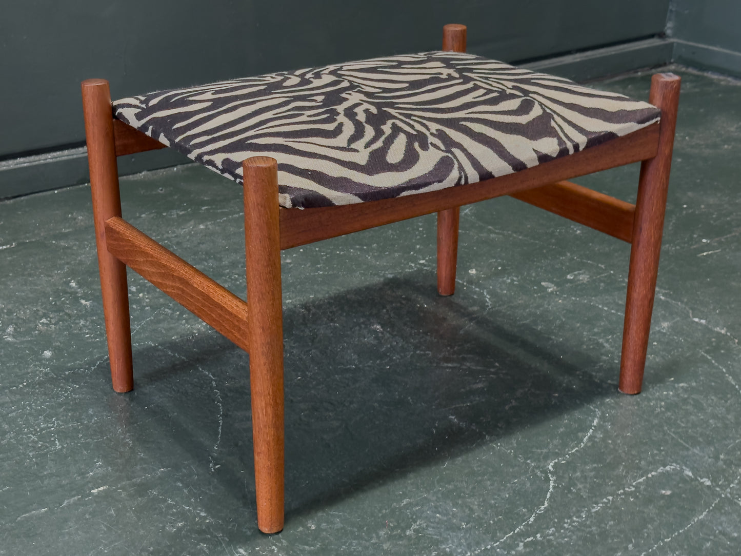 Teak and Zebra Print Upholstered Low Stool