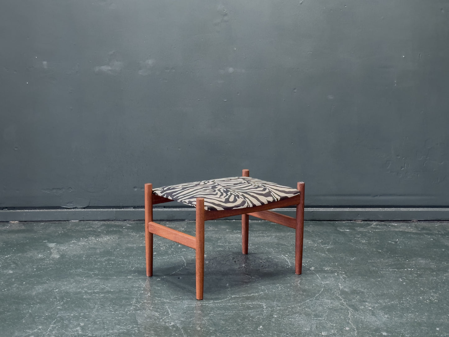 Teak and Zebra Print Upholstered Low Stool