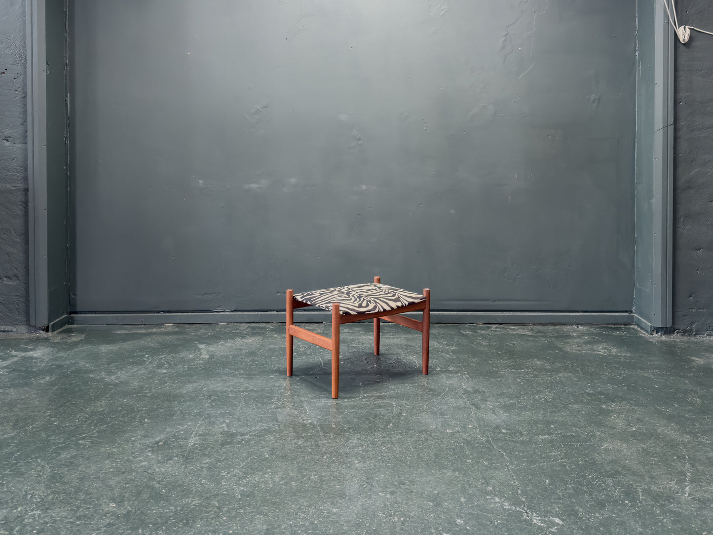Teak and Zebra Print Upholstered Low Stool