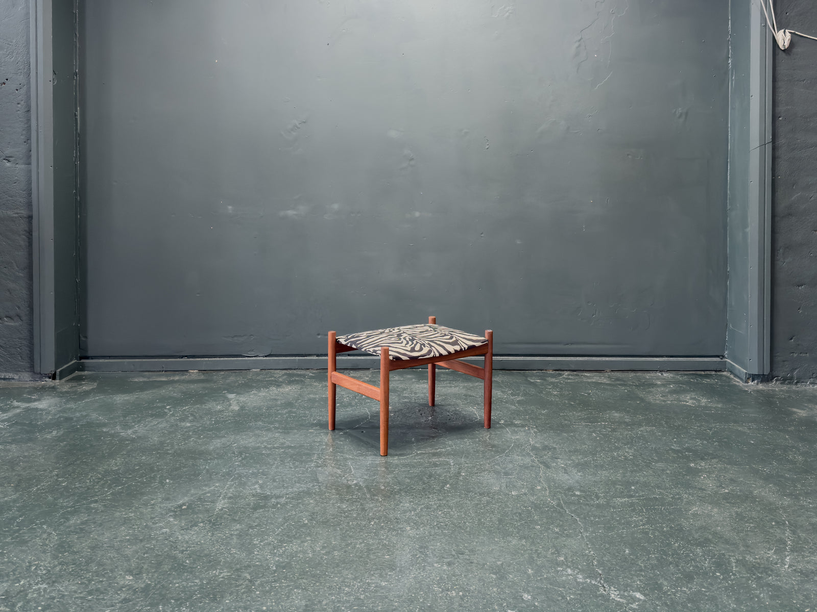 Teak and Zebra Print Upholstered Low Stool