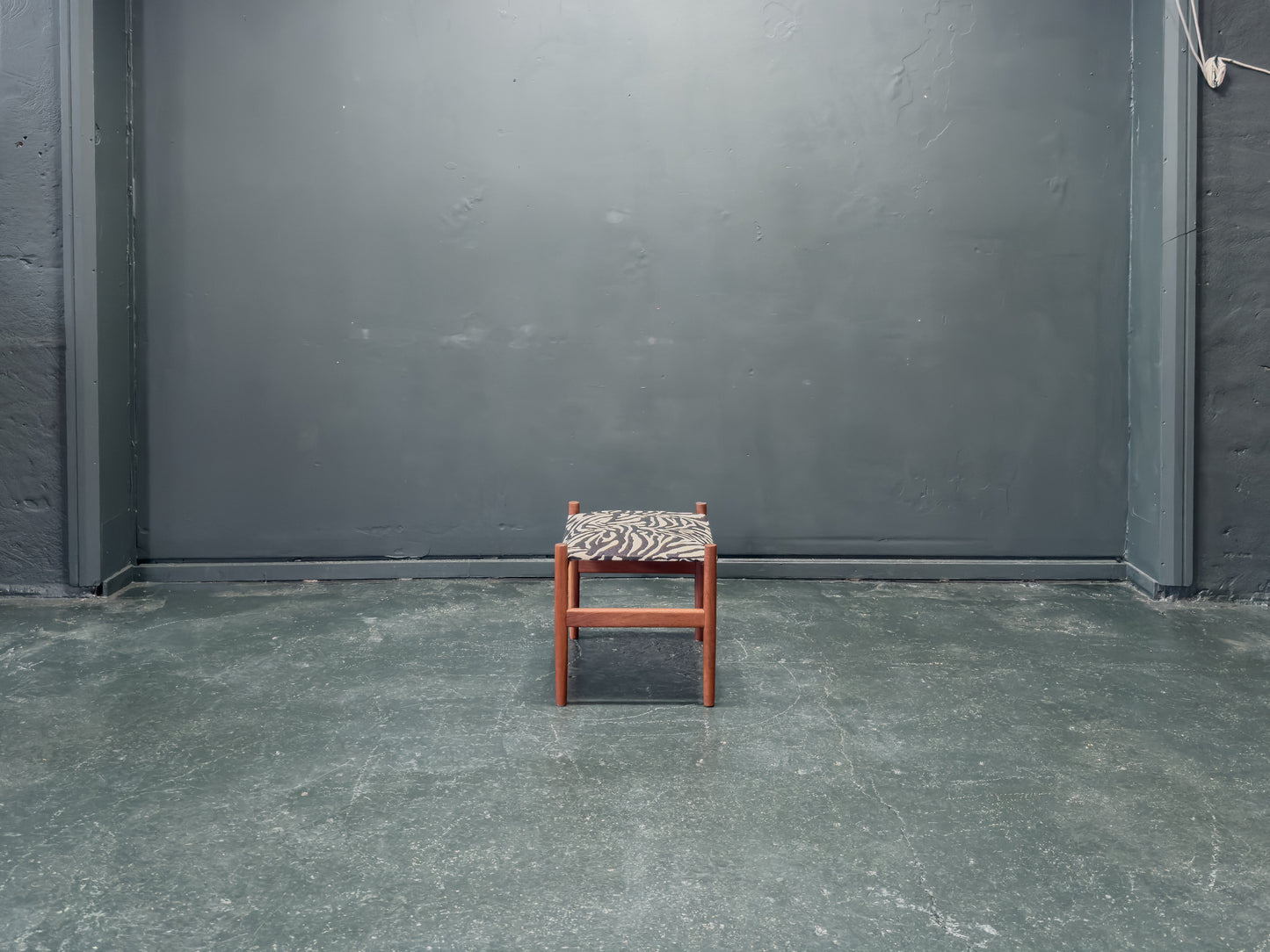 Teak and Zebra Print Upholstered Low Stool