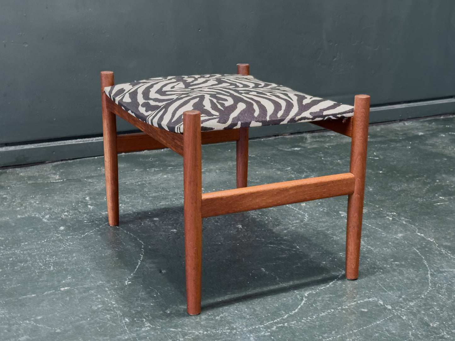 Teak and Zebra Print Upholstered Low Stool